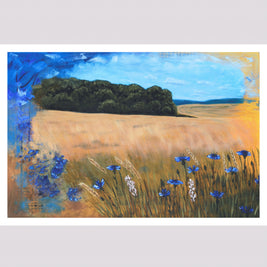 Fine art print showing field of wheat with cornflowers.