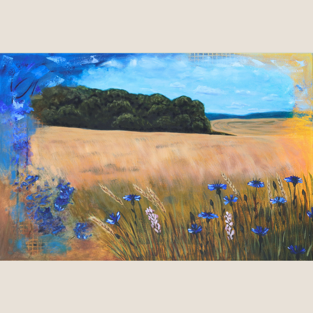 Painting depicting a field with trees in the background and cornflowers and abstract elements at the front.