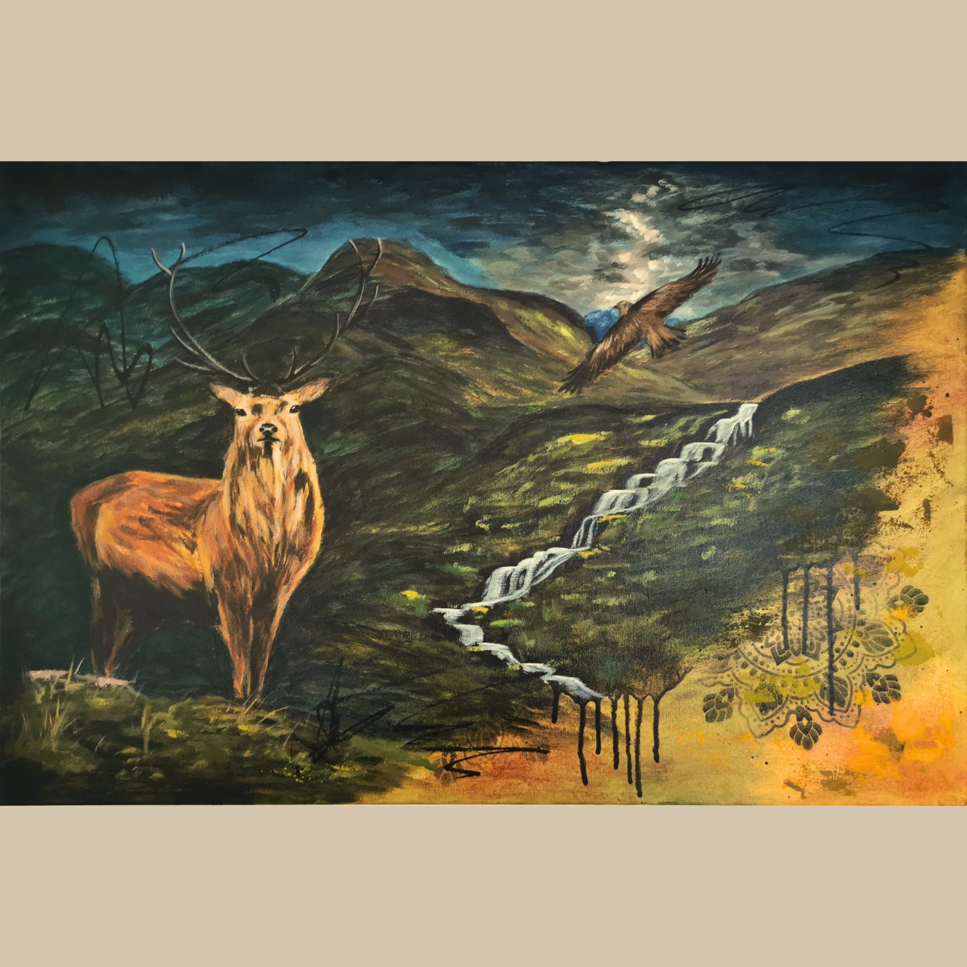 painting showing a stag and a bird of pray with dramatic sky view