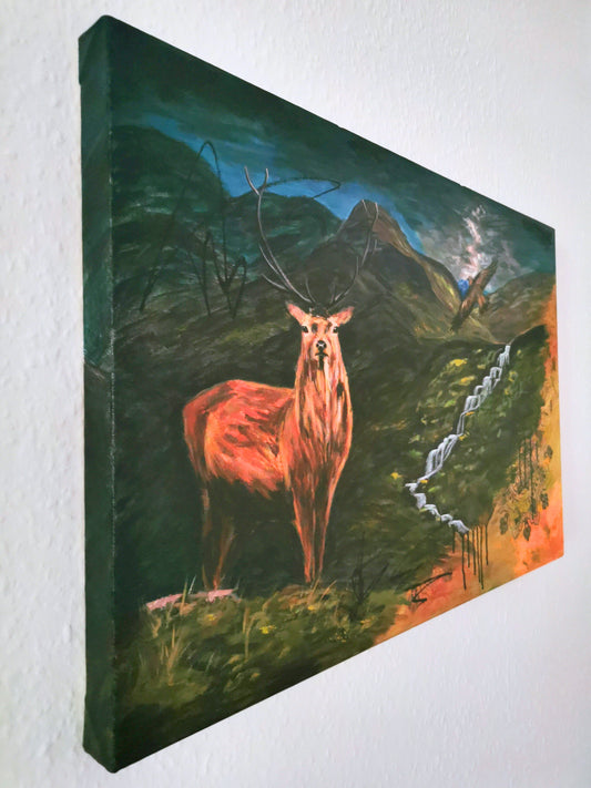 painting of a deer in a mountainous landscape.