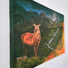 painting of a deer in a mountainous landscape.