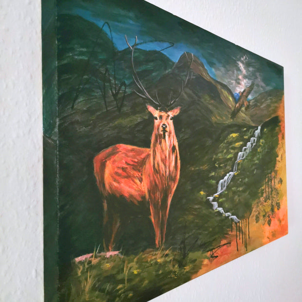 painting of a deer in a mountainous landscape.