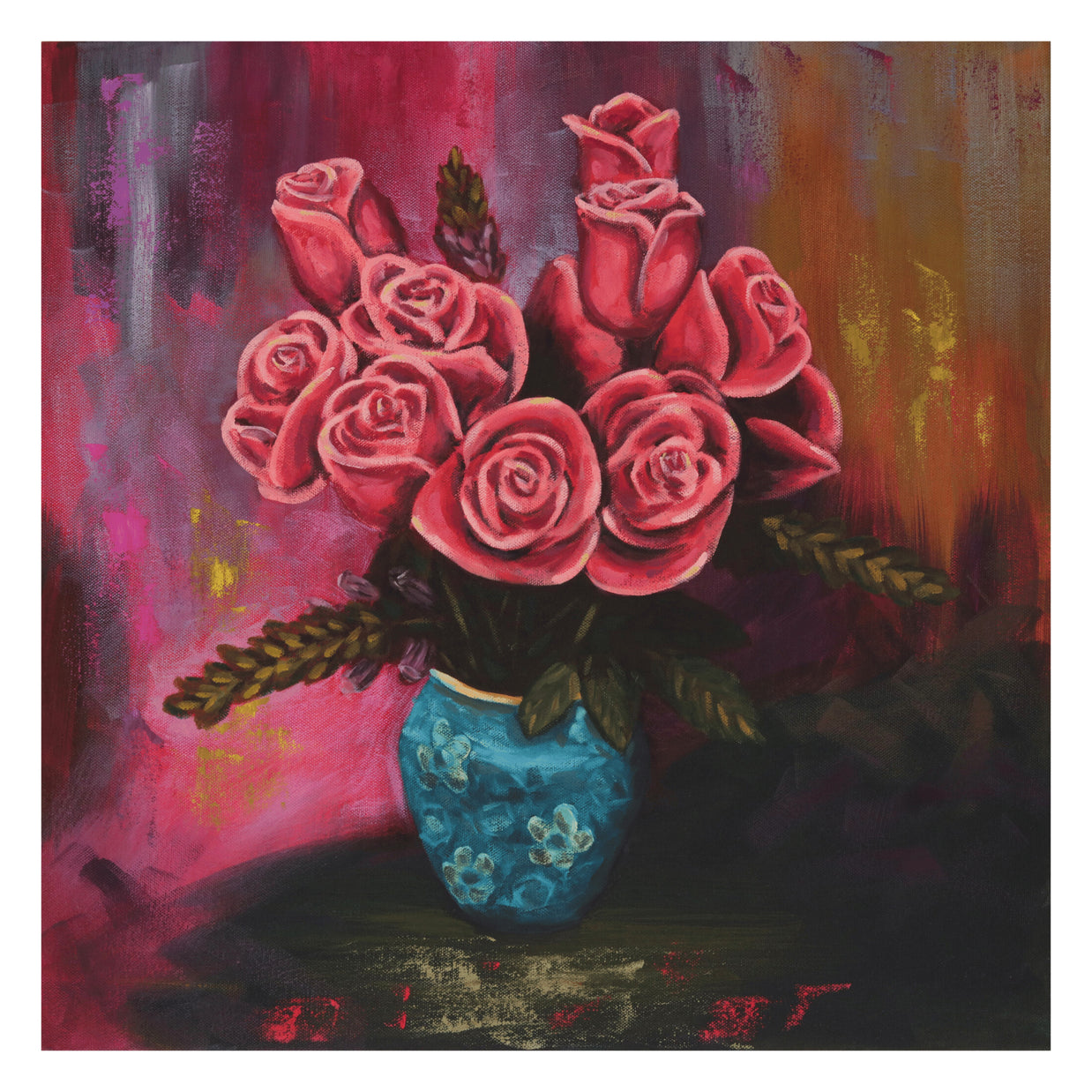 red roses in a turquoise vase
