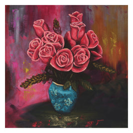 red roses in a turquoise vase