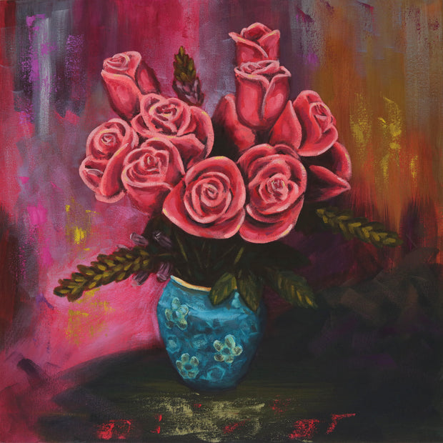 Pink roses in a blue vase