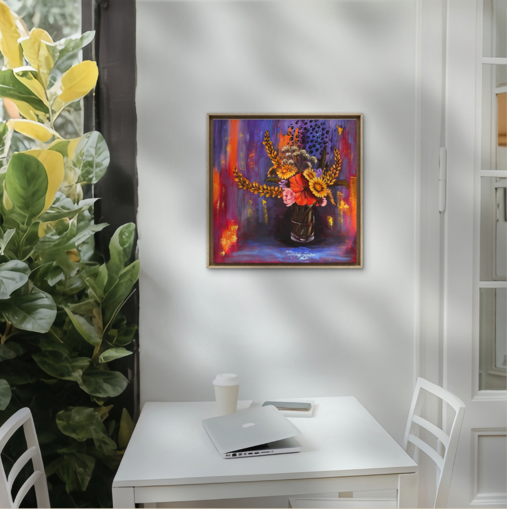Small white dining room featuring floral painting.