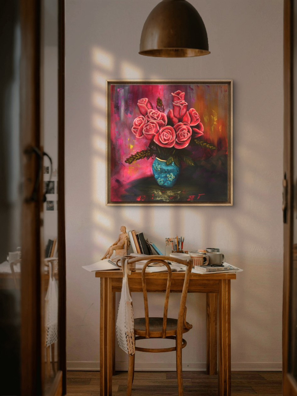 Small office featuring the roses painting.