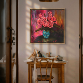 Small office featuring the roses painting.