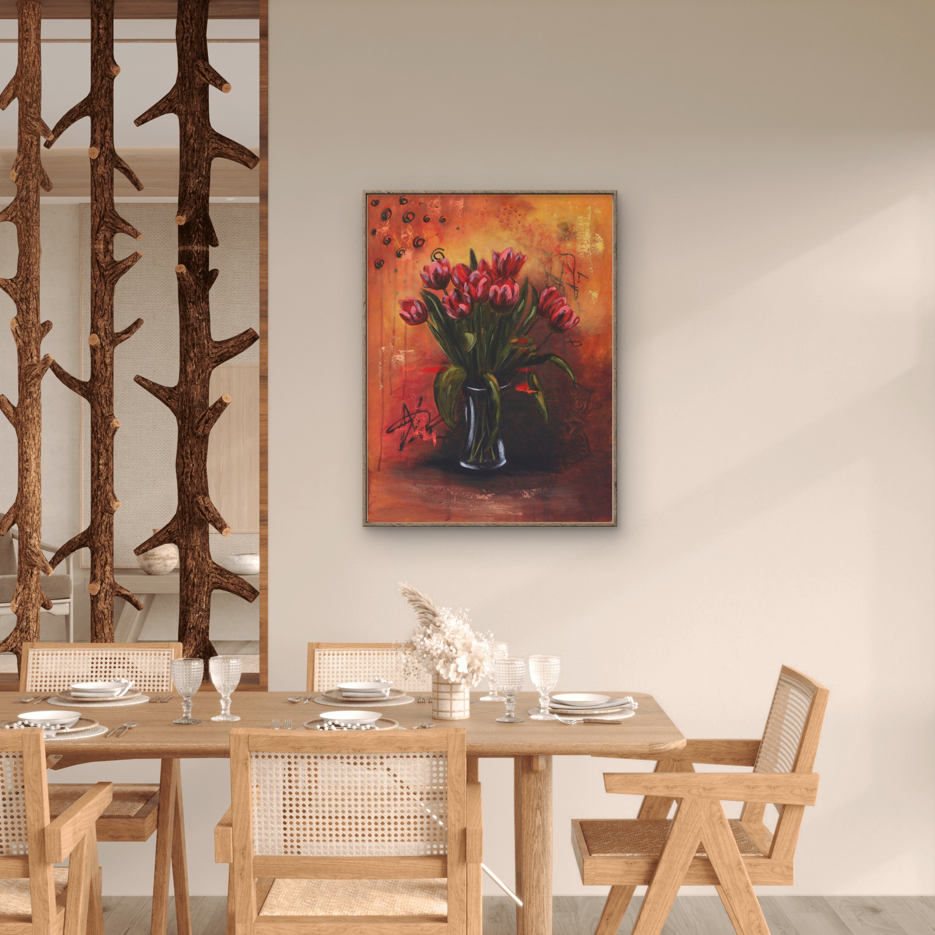 Framed tulips painting in a rustic dining room.
