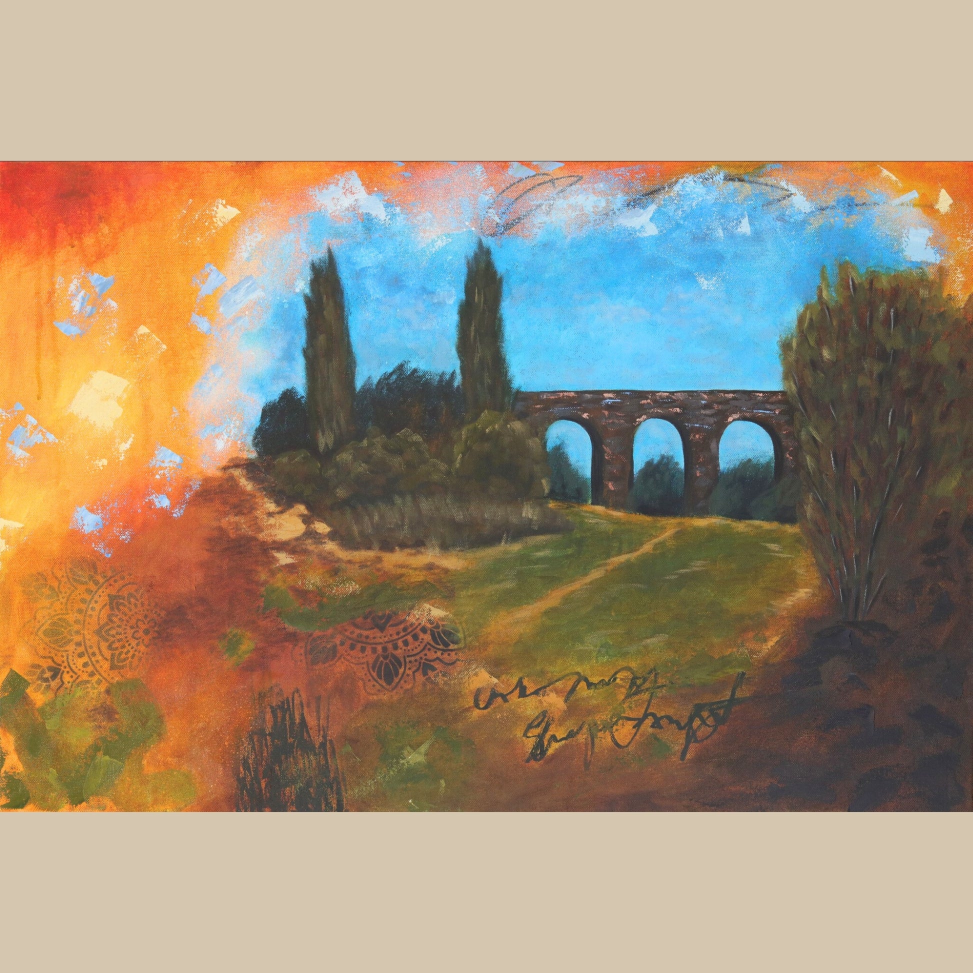 Painting depicting a landscape with a viaduct spanning across the valley, combined with abstract shapes and vibrant colours.