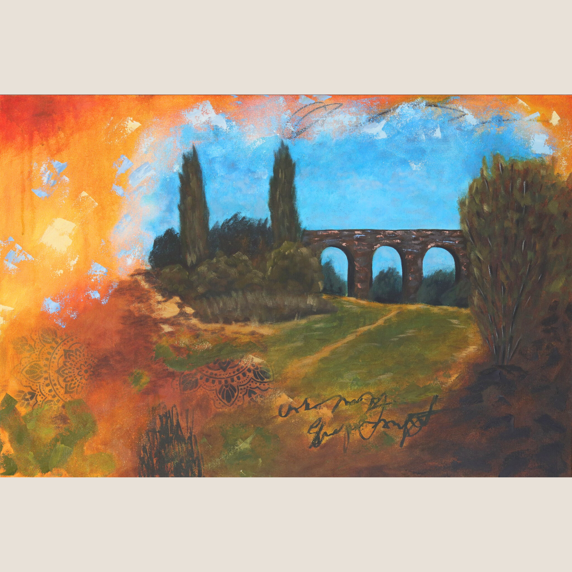Viaduct painting featuring lush green fields