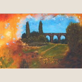 Viaduct painting featuring lush green fields