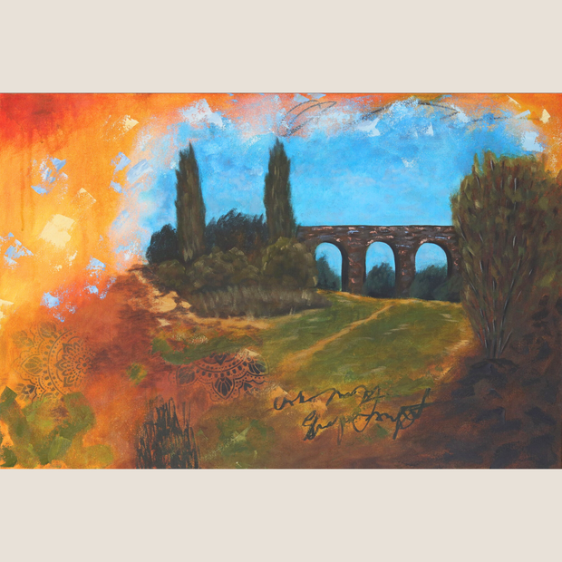 Viaduct painting featuring lush green fields