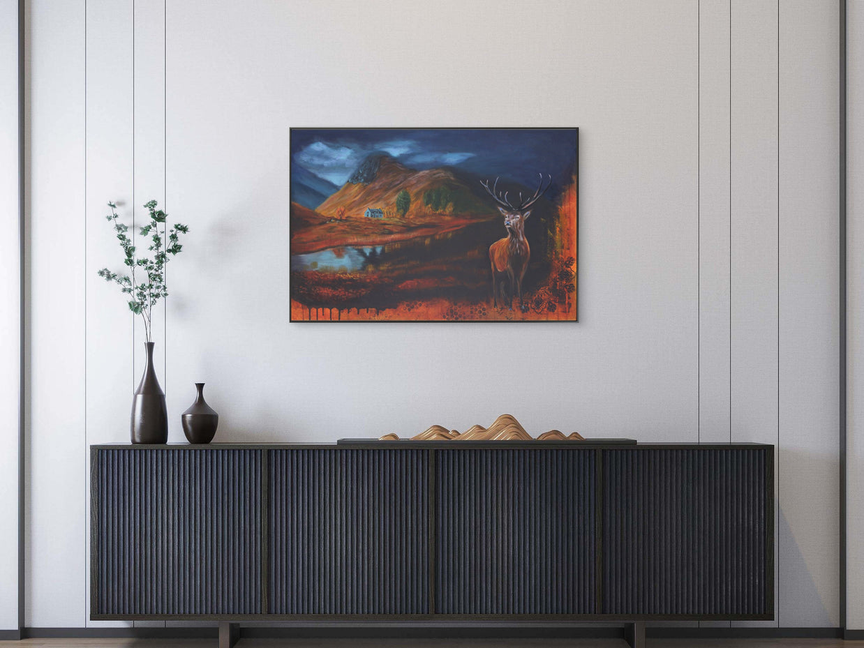 moderns room decor featuring painting of Scottish Highlnds
