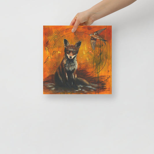 Here and now print featuring a fox and bird artwork