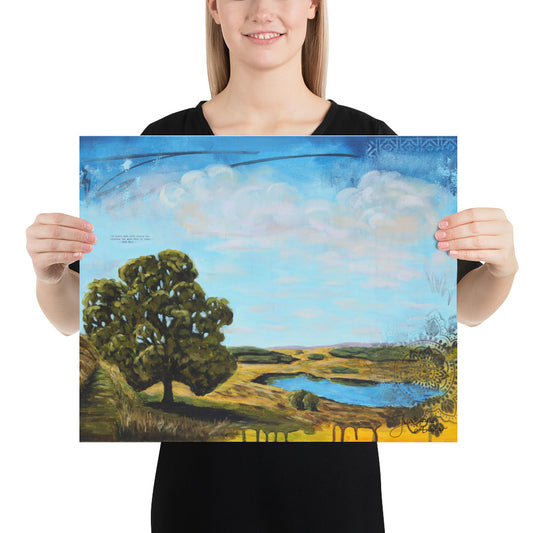 Woman holding a vibrant landscape painting with a tree
