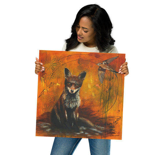 Fox and bird artwork with a vibrant orange background
