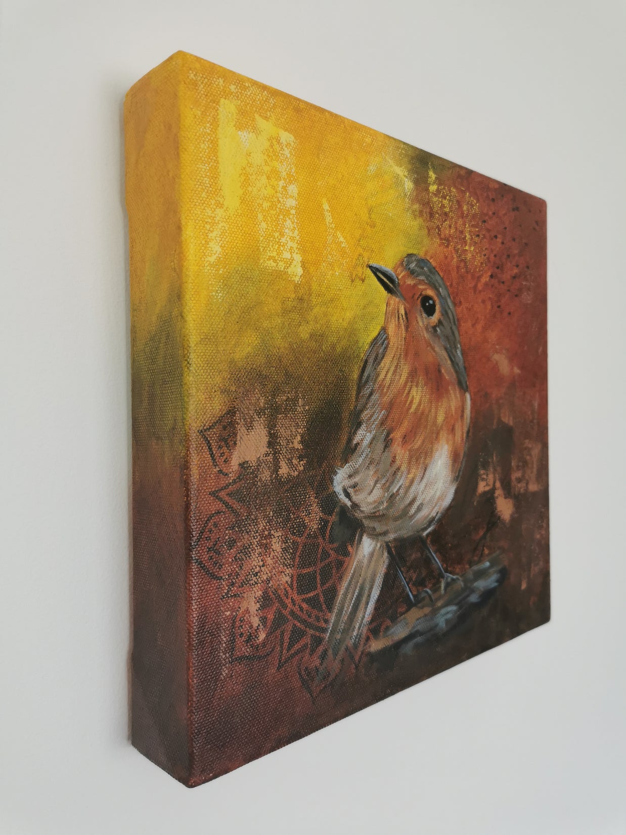 Oil and mixed-media robin painting