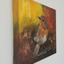 Oil and mixed-media robin painting