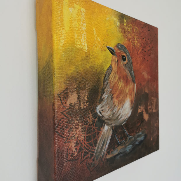 Oil and mixed-media robin painting