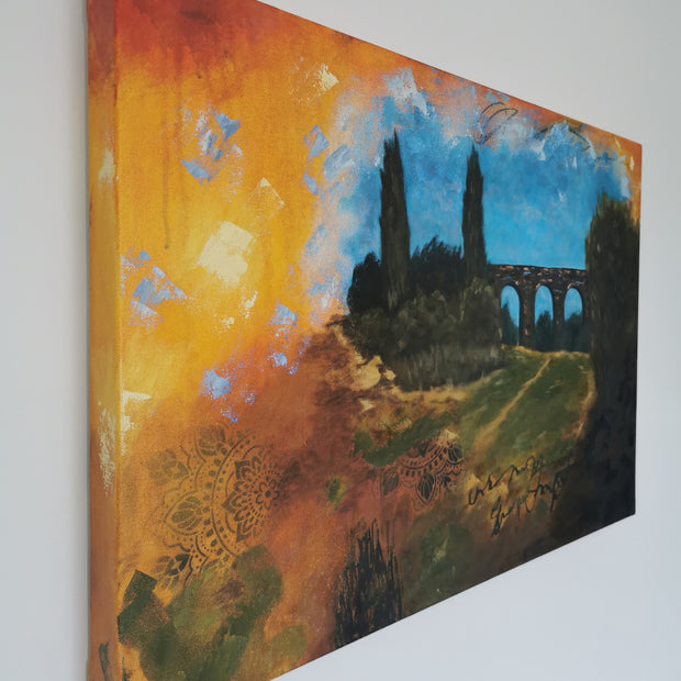 Viaduct Painting featuring vibrant orange and blue skies