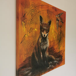 Side view of a painting featuring a fox and a bird