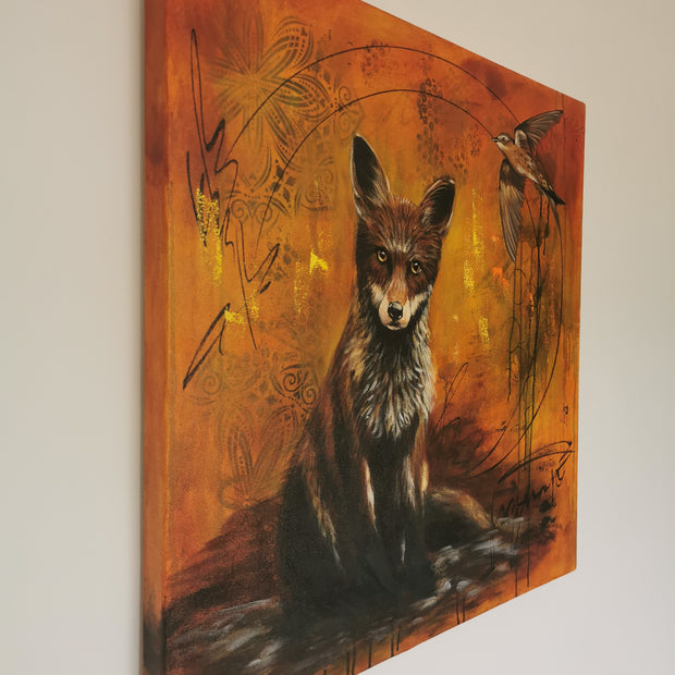Side view of a painting featuring a fox and a bird