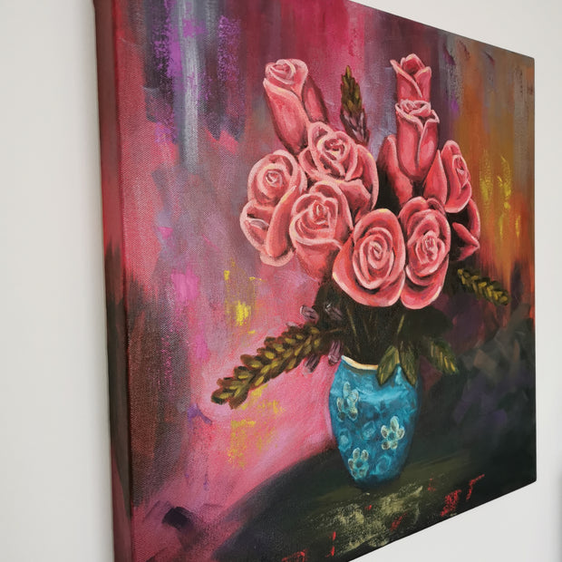 Canvas painting of pink roses in a blue vase 