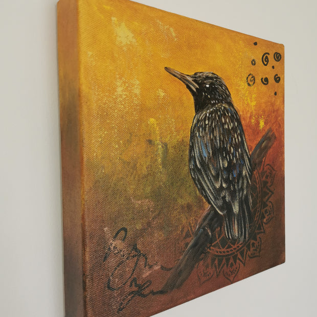 Starling bird artwork with natural tones