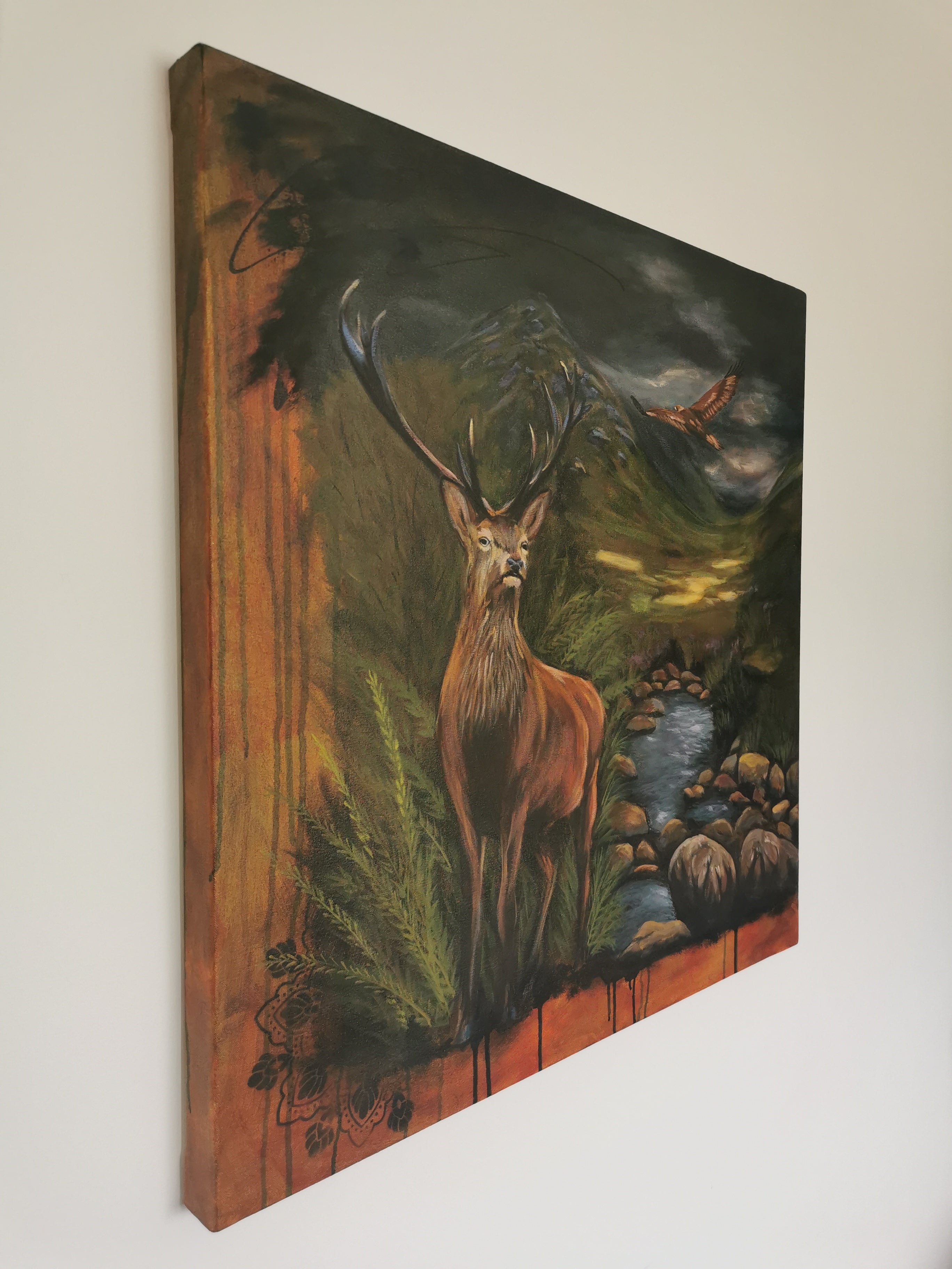 Side view of a stag mixed media painting on canvas