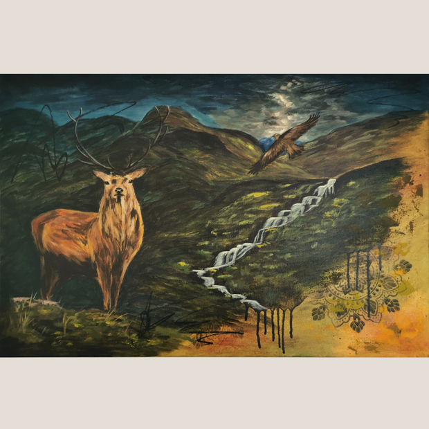 painting showing a stag and a bird of pray with dramatic sky view